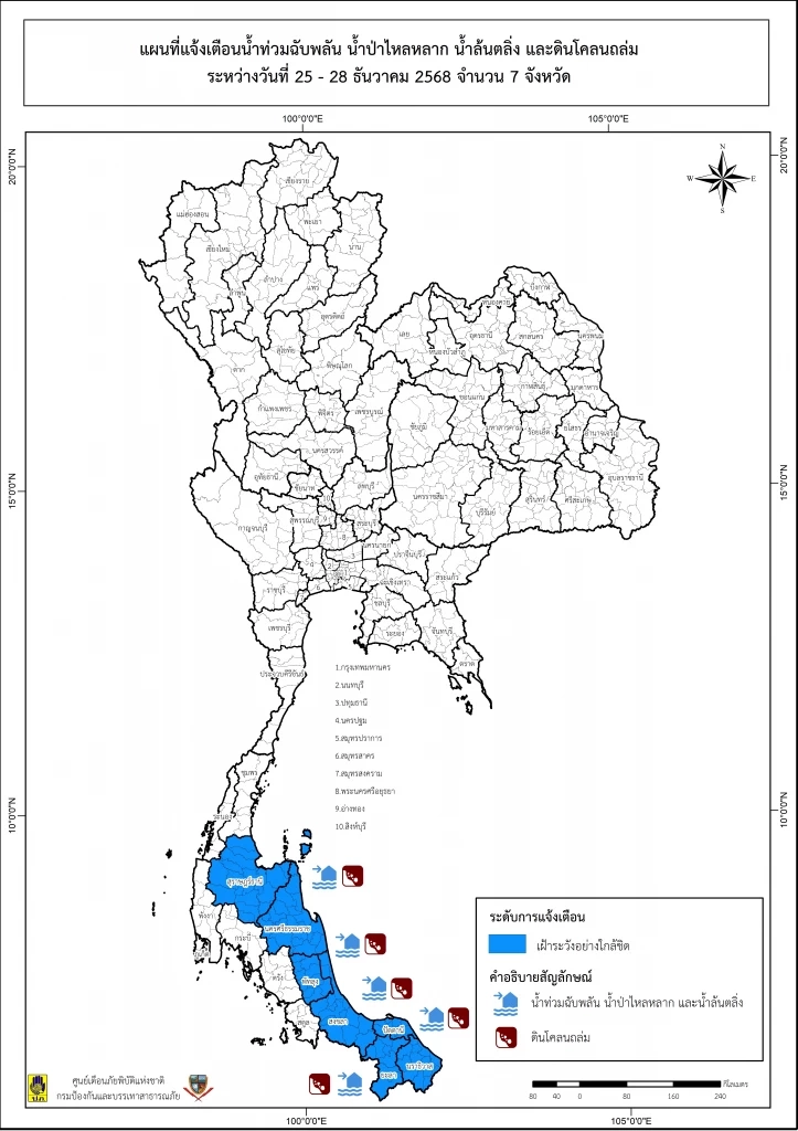 ด่วน! เตือน 7 จว.ใต้ รับมรสุมถล่ม 25-28 ธ.ค. ปภ.สั่งด่วนในพื้นที่รับสถานการณ์