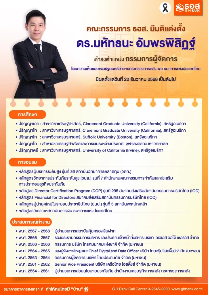 บอร์ด ธอส.ตั้ง “ดร.มหัทธนะ อัมพรพิสิฏฐ์” เป็นกรรมการผู้จัดการ ธอส.