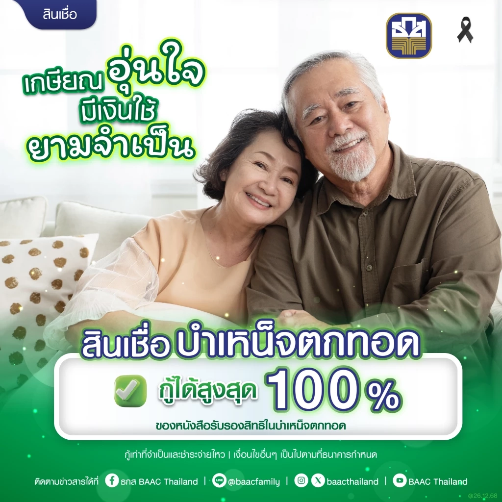 สินเชื่อบำเหน็จตกทอด ธ.ก.ส. กู้ได้ 100% ดอกเบี้ยปีแรกเริ่ม 3.34%