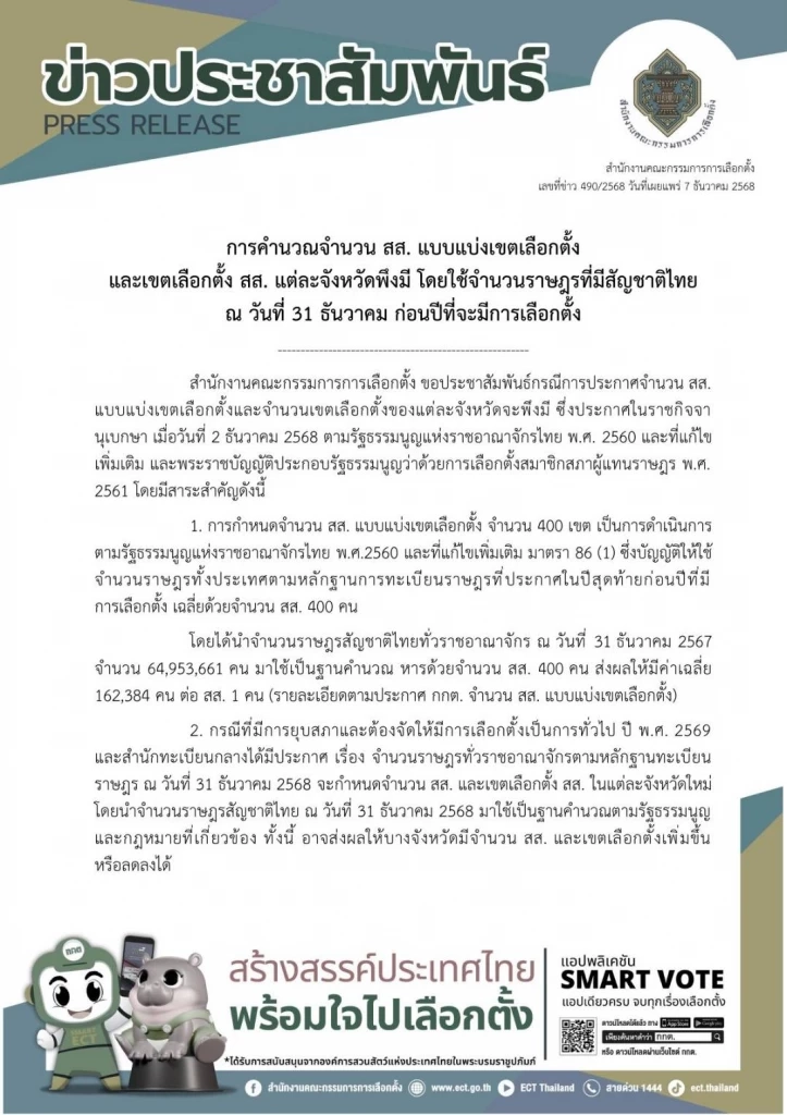 กกต.ออกคำชึ้แจง คำนวณ สส.พึงมี 400 เขต ยังไม่นิ่ง ต้องรอวันยุบสภา