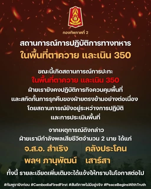 สดุดีทหารกล้า! "ทัพภาค 2" เผย ช่วงค่ำเกิดการปะทะหน้าปราสาทตาควาย หลังกัมพูชารุกคืบเข้ามา ทำทหารไทยดับ 2 นาย