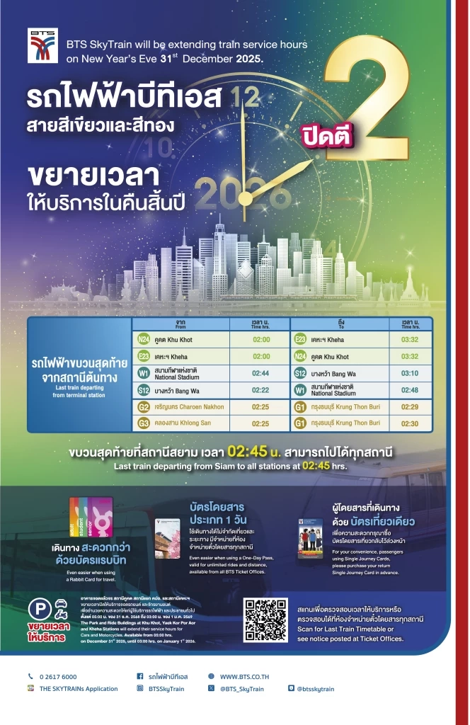 รถไฟฟ้าบีทีเอส - สายสีทอง ขยายเวลาให้บริการถึงตี 2 คืนเคาท์ดาวน์
