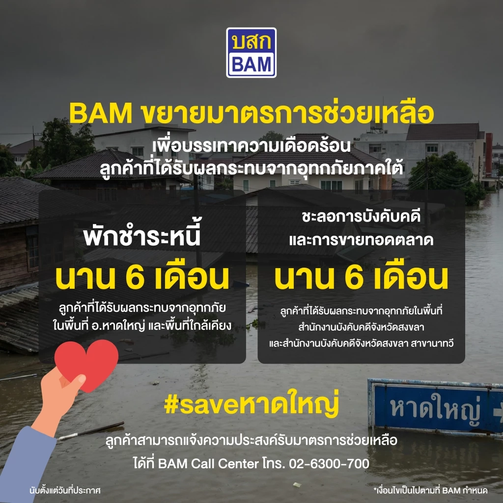 BAM ช่วยลูกค้าน้ำท่วมใต้ 'พักชำระ- ชะลอบังคับคดี - ขายทอดตลาด'