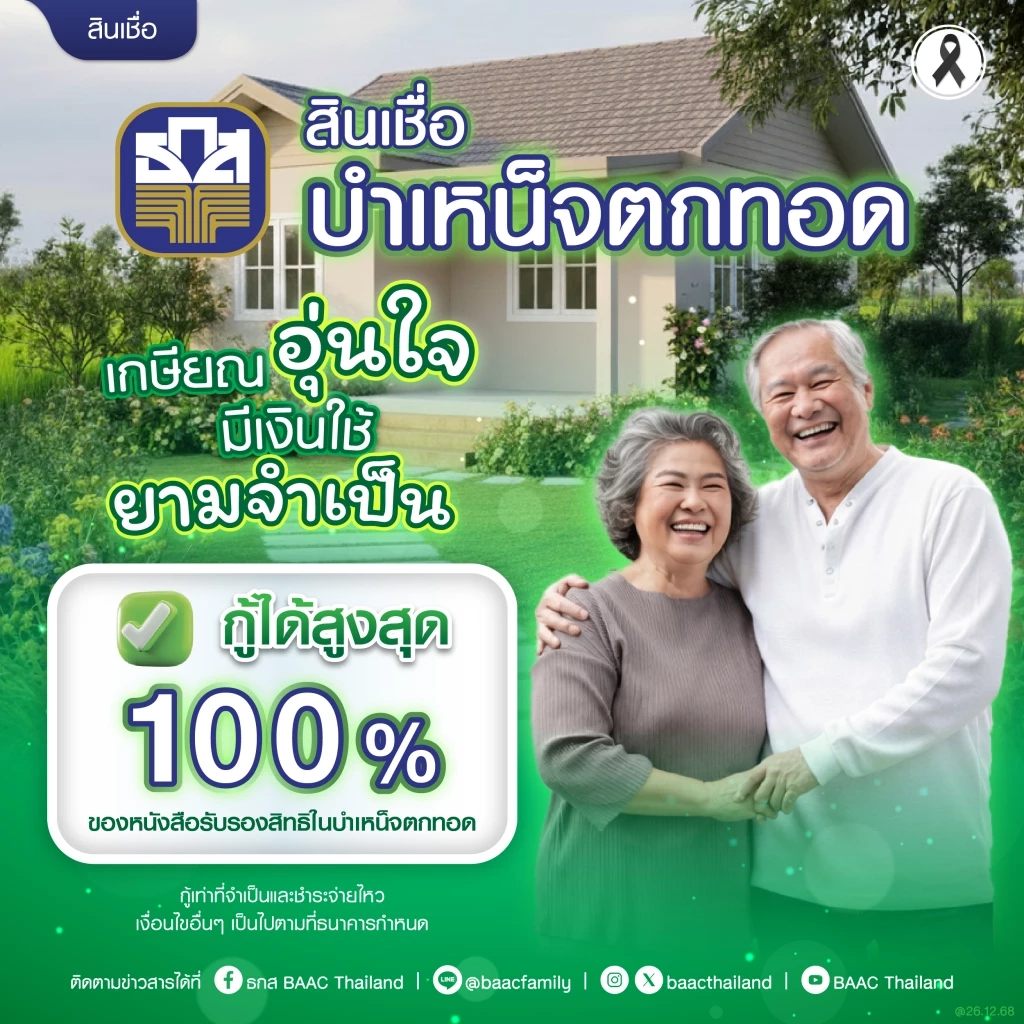สินเชื่อบำเหน็จตกทอด ธ.ก.ส. กู้ได้ 100% ดอกเบี้ยปีแรกเริ่ม 3.34%