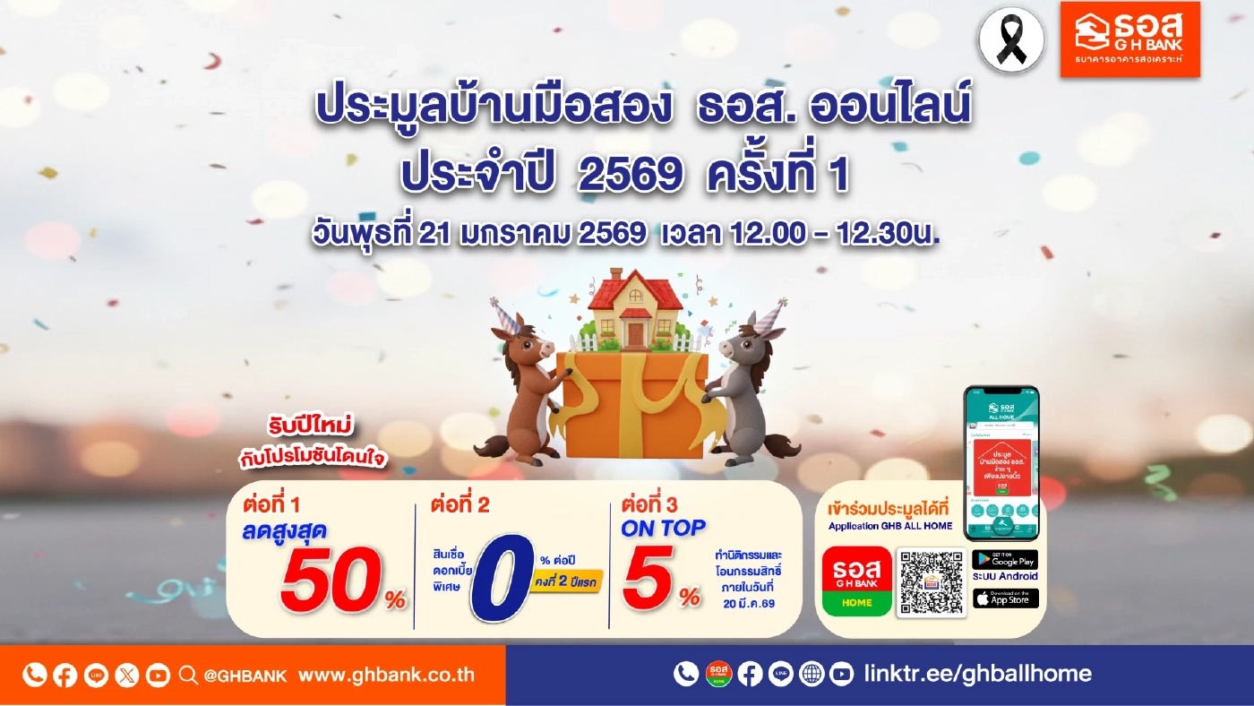 ธอส. เปิดประมูลบ้านมือสองออนไลน์ บ้านดี ทำเลเด่น ลดสูงสุด 50%