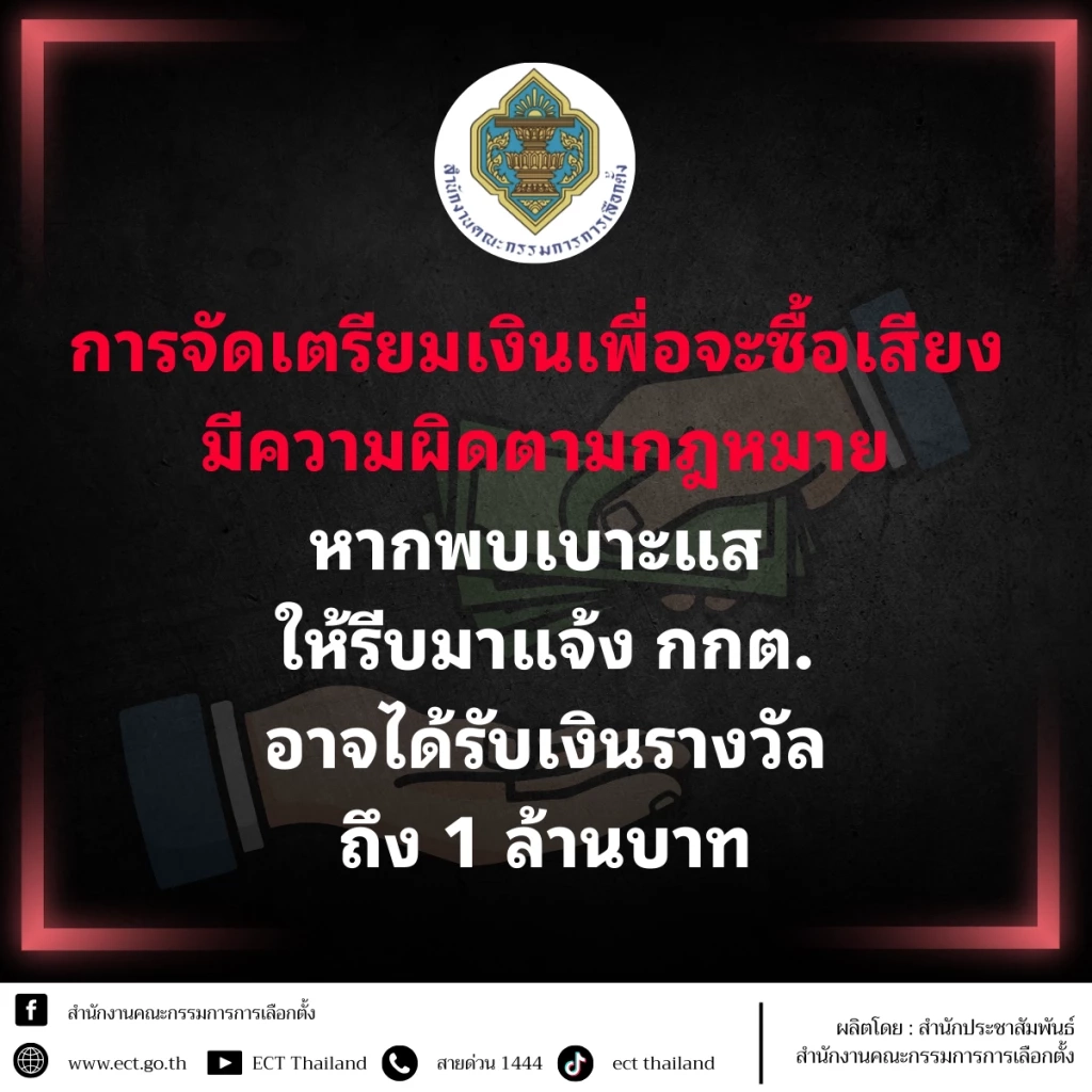 "กกต." ชวนแจ้งเบาะแส "ซื้อเสียง" อาจได้รับเงินรางวัลถึง 1 ล้าน พร้อมเตือนห้าม "ซื้อสิทธิ-ขายเสียง"