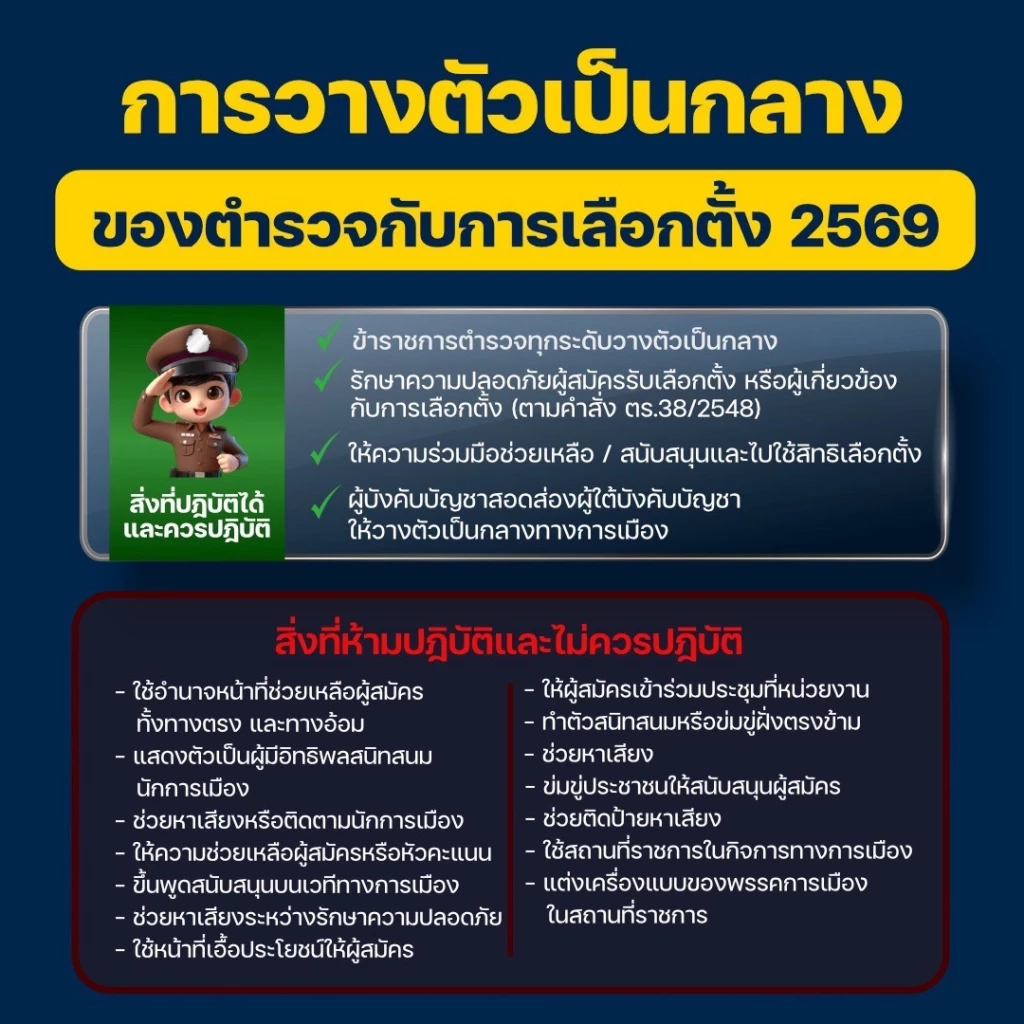 ตำรวจสั่งเข้มวางตัวเป็นกลางช่วงเลือกตั้ง ห้ามเดินตามนักการเมือง