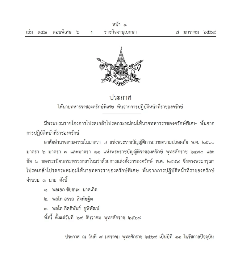 โปรดเกล้าฯ ให้ นายทหารราชองครักษ์พิเศษ พ้นจากการปฏิบัติหน้าที่