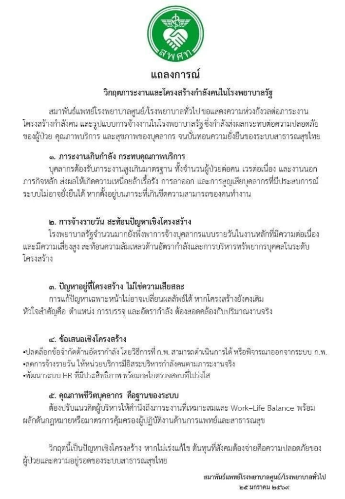 "สมาพันธ์แพทย์ฯ" แถลงการณ์ "วิกฤตภาระงานเกินกำลัง-จ้างรายวัน" จี้แก้ก่อนล่มสลาย