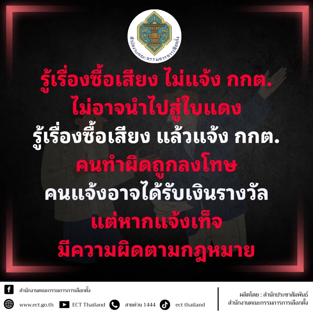 "กกต." ชวนแจ้งเบาะแส "ซื้อเสียง" อาจได้รับเงินรางวัลถึง 1 ล้าน พร้อมเตือนห้าม "ซื้อสิทธิ-ขายเสียง"