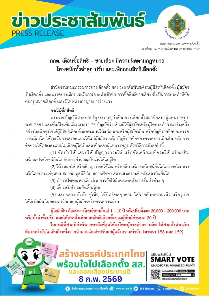 "กกต." ชวนแจ้งเบาะแส "ซื้อเสียง" อาจได้รับเงินรางวัลถึง 1 ล้าน พร้อมเตือนห้าม "ซื้อสิทธิ-ขายเสียง"