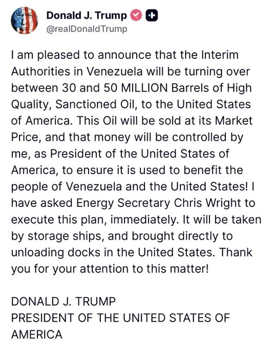 "ทรัมป์" สั่งเวเนฯ ต้องส่งมอบน้ำมันดิบ 30-50 ล้านบาร์เรล