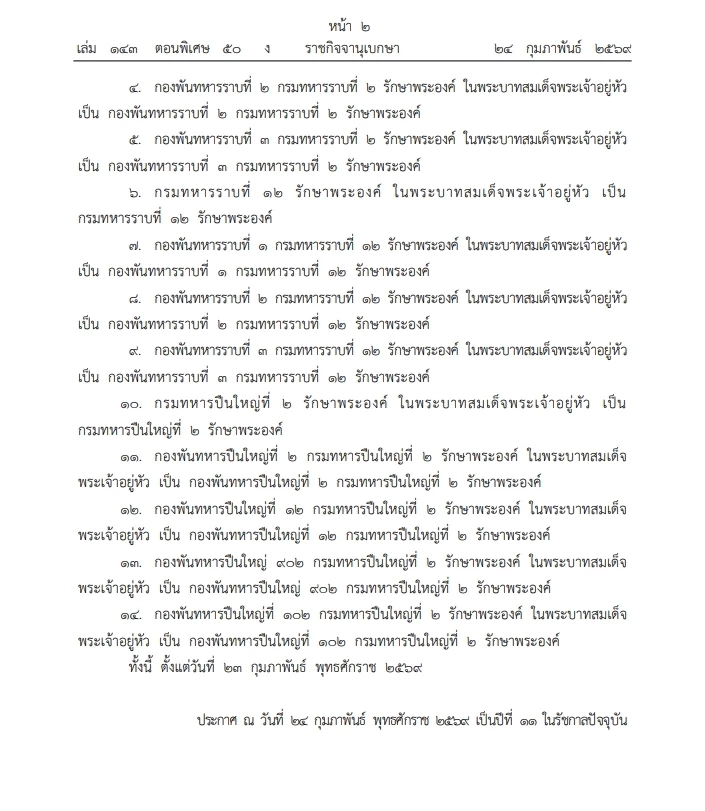 "โปรดเกล้าฯ" พระราชทานพระบรมราชานุญาต "เปลี่ยนนามหน่วยทหาร" รักษาพระองค์
