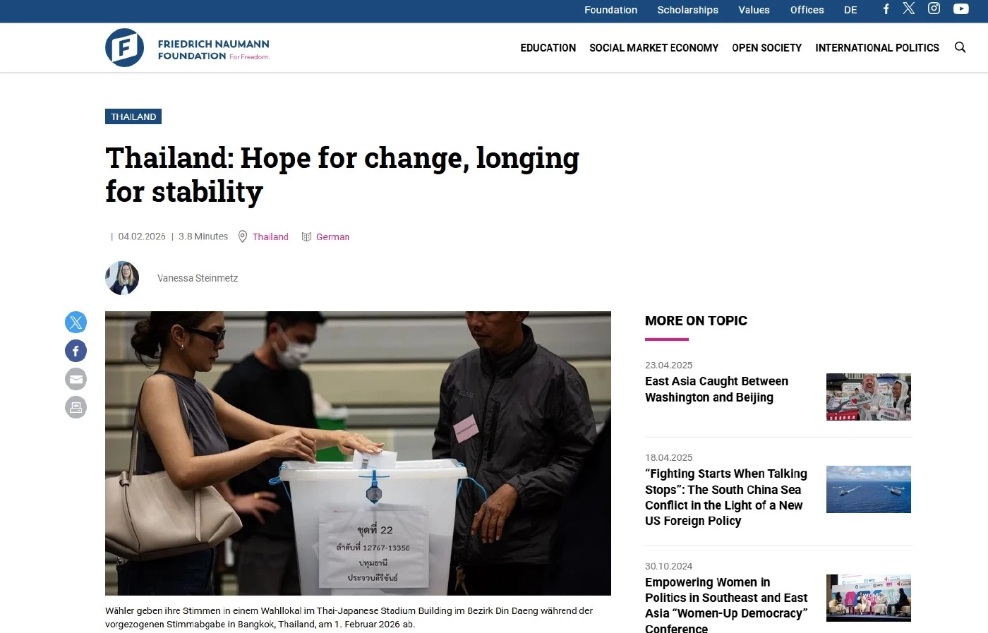 "NGO เยอรมนี" วิเคราะห์ "การเมืองไทย" ชี้ คนไทย ให้ความสำคัญกับ "เศรษฐกิจประเทศ" เป็นหลัก