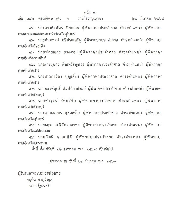 ราชกิจจาฯ เผยแพร่ พระบรมราชโองการ โปรดเกล้าฯ แต่งตั้ง "ผู้พิพากษา"  รวม 131 ราย