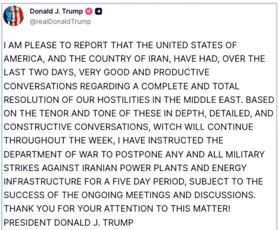 "ทรัมป์" ประกาศเลื่อนโจมตีโรงไฟฟ้าอิหร่าน 5 วัน หลังเจรจาคืบหน้า