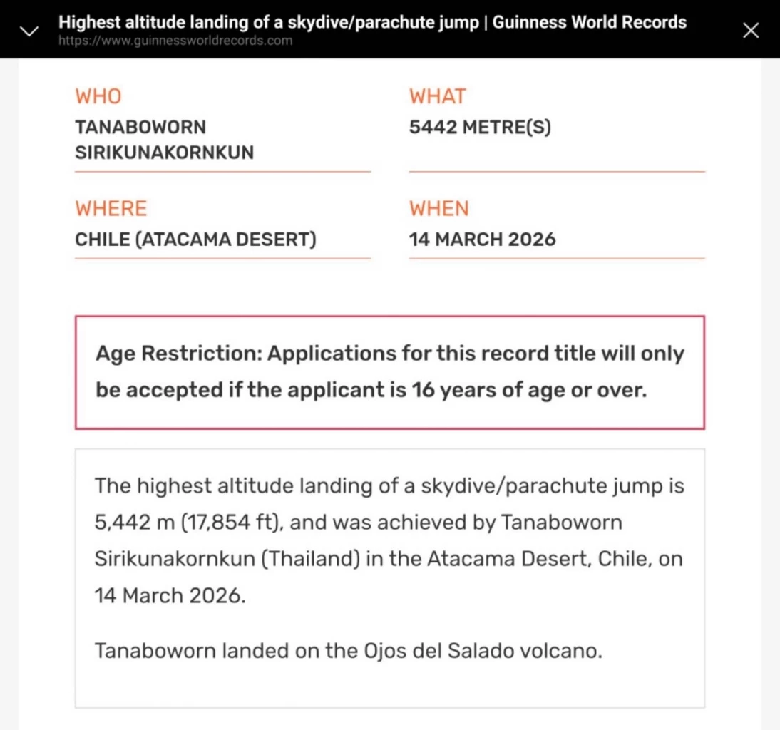 ซุปเปอร์ตุ้ม! ทุบสถิติโลกครั้งที่ 3 "Guinness" รับรองลงจอดจุดสูงสุดในโลกที่ชิลี