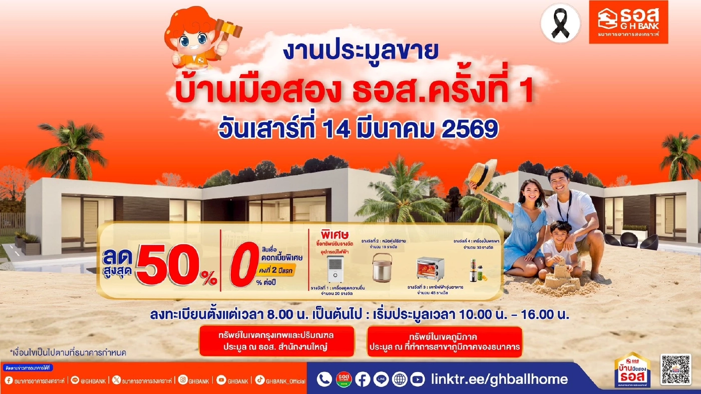 ธอส. จัดประมูลบ้านมือสอง ลดราคาสูงสุด 50% อัดโปรสินเชื่อบ้านดอกเบี้ย 0%