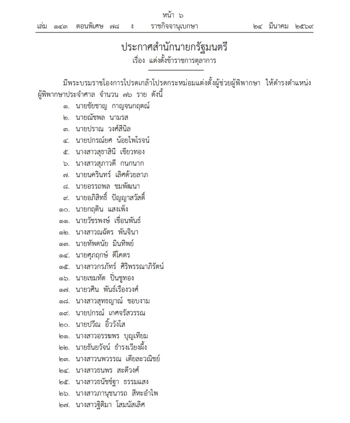 ราชกิจจาฯ เผยแพร่ พระบรมราชโองการ โปรดเกล้าฯ แต่งตั้ง "ผู้พิพากษา"  รวม 131 ราย