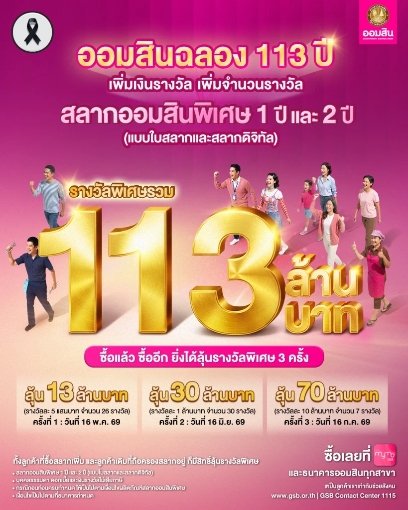 ออมสิน ฉลอง 113 ปี เพิ่มรางวัลสลากออมสิน จับรางวัลครั้งแรก 16 พ.ค. นี้