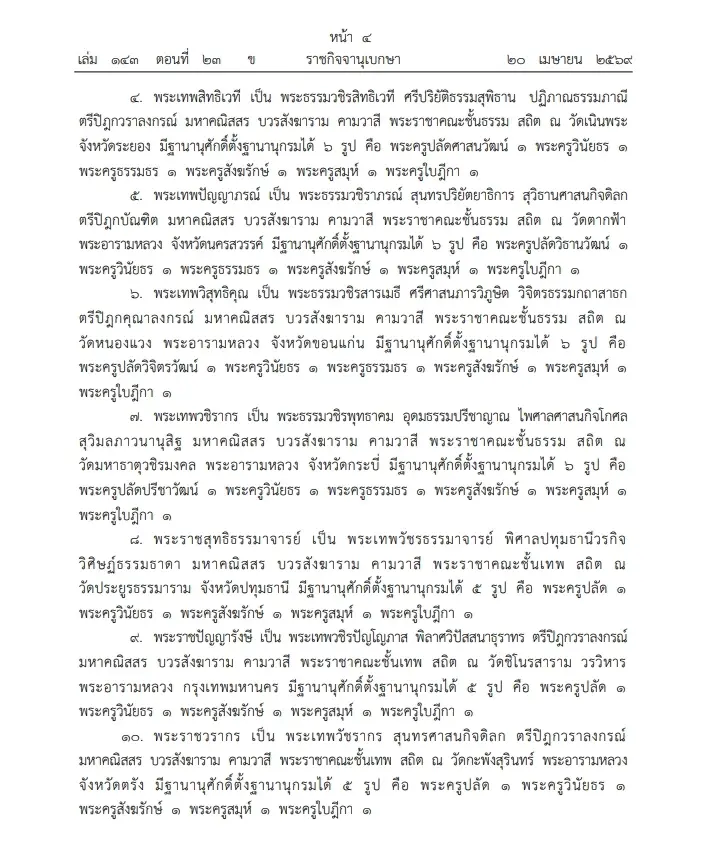 "ราชกิจจานุเบกษา" โปรดพระราชทาน สัญญาบัตรตั้งสมณศักดิ์ "พระราชาคณะ" 75 รูป