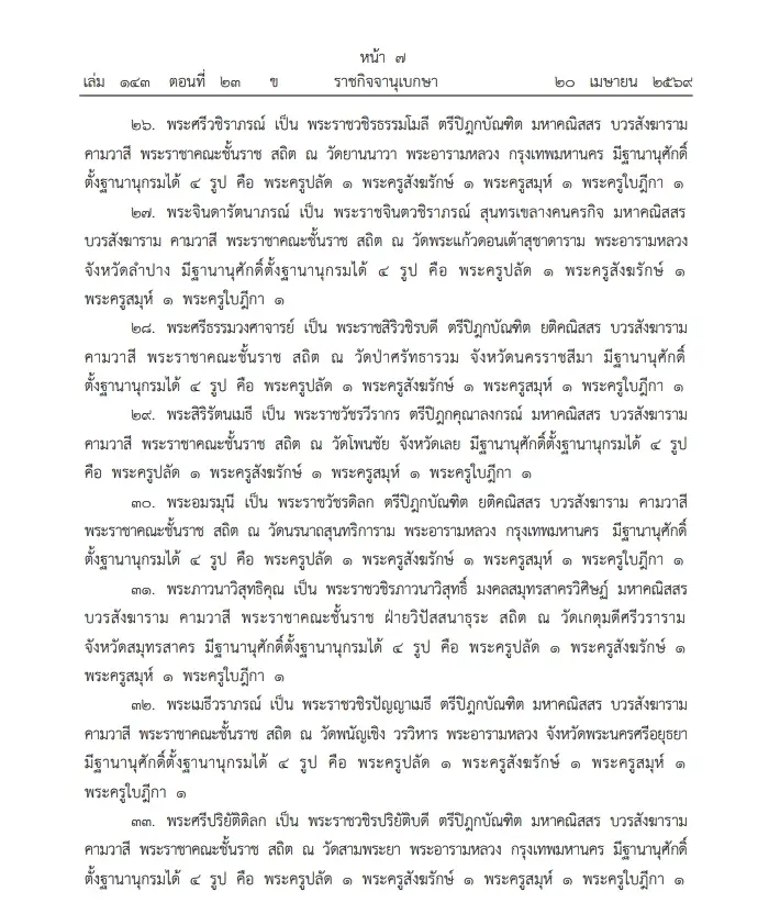 "ราชกิจจานุเบกษา" โปรดพระราชทาน สัญญาบัตรตั้งสมณศักดิ์ "พระราชาคณะ" 75 รูป
