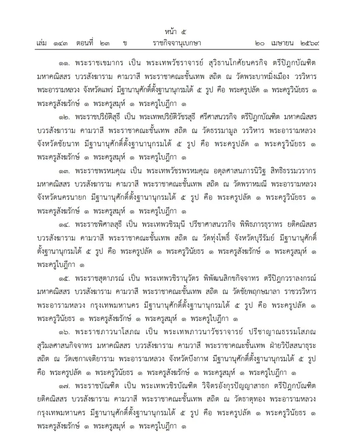 "ราชกิจจานุเบกษา" โปรดพระราชทาน สัญญาบัตรตั้งสมณศักดิ์ "พระราชาคณะ" 75 รูป