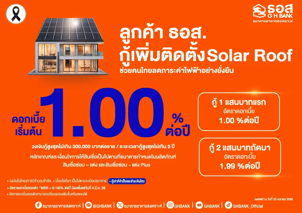 ธอส. ปล่อยกู้ติดตั้ง Solar Roof  ดอกเบี้ยเริ่มต้น 1% ต่อปี ช่วยลูกค้าลดภาระค่าไฟ