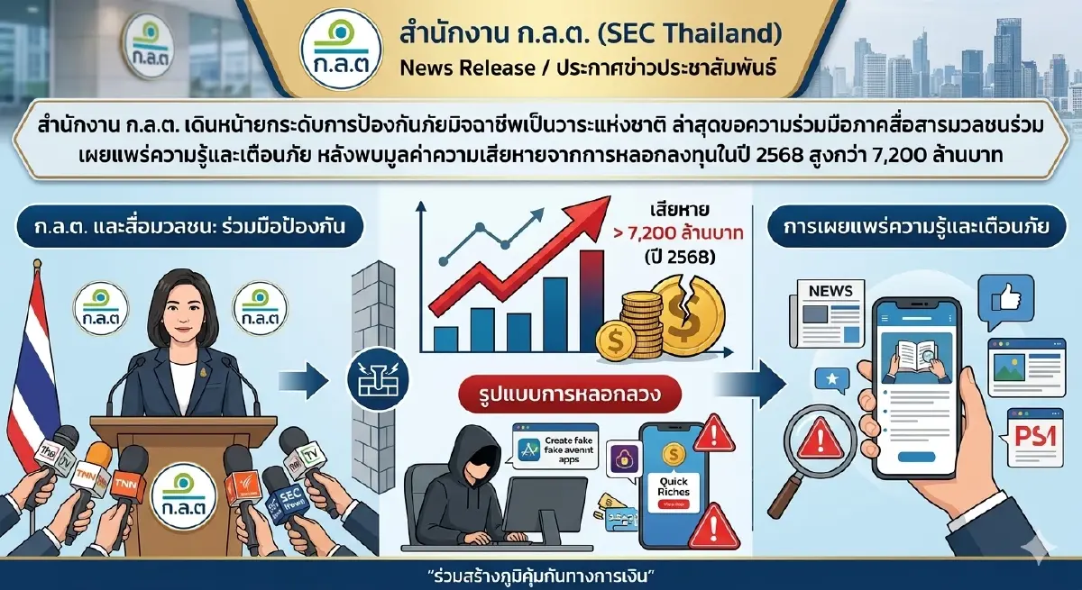 ก.ล.ต.จับมือสื่อ เตือนภัย "กลโกงลงทุน" หลังปี 68 เสียหายเกิน 7.2 พัน ล.