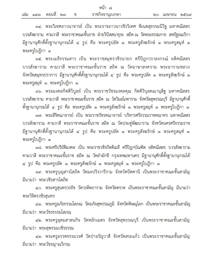 "ราชกิจจานุเบกษา" โปรดพระราชทาน สัญญาบัตรตั้งสมณศักดิ์ "พระราชาคณะ" 75 รูป