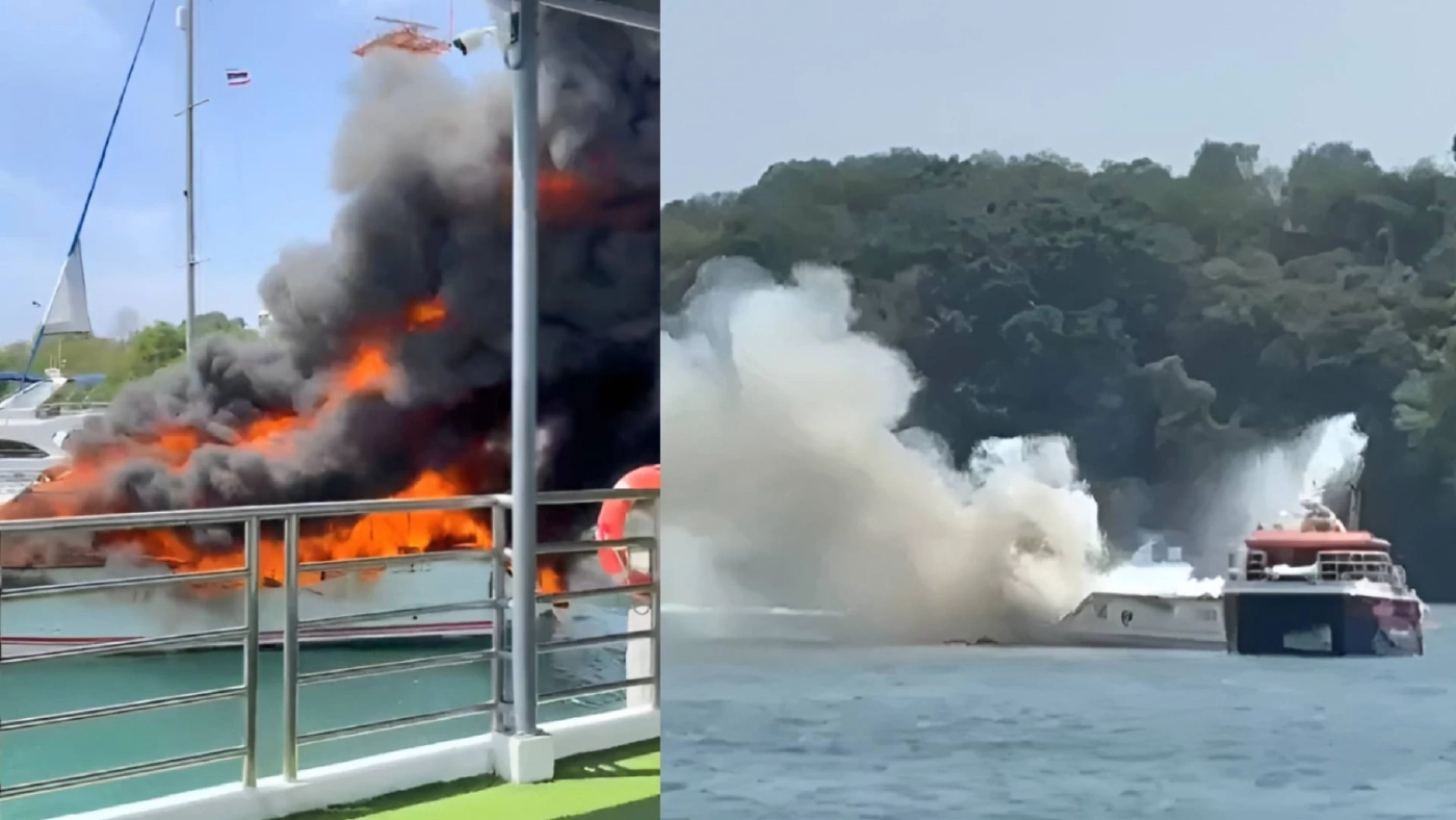 ด่วน! "สปีดโบ๊ท" ระเบิดสนั่นท่าเรือภูเก็ต ไฟลุกวอดทั้งลำก่อนจมทะเล (มีคลิป)