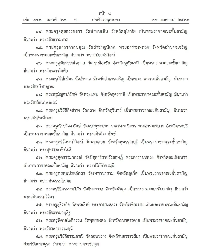 "ราชกิจจานุเบกษา" โปรดพระราชทาน สัญญาบัตรตั้งสมณศักดิ์ "พระราชาคณะ" 75 รูป
