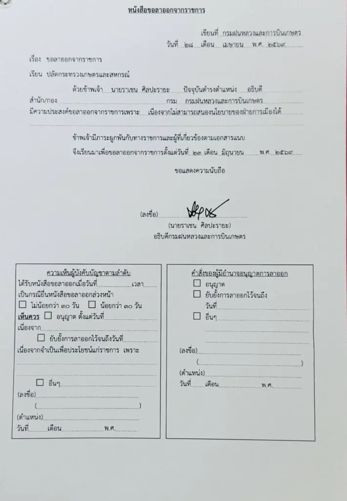 "นายกฯ" โยน "สุริยะ" แจงปมเด้ง "อธิบดีฝนหลวง" หลังทิ้งบอมบ์ลาออก แฉหลาน รมต. นัดพบนอกรอบ เปิดจดหมายลาออก "อธิบดีราเชน"