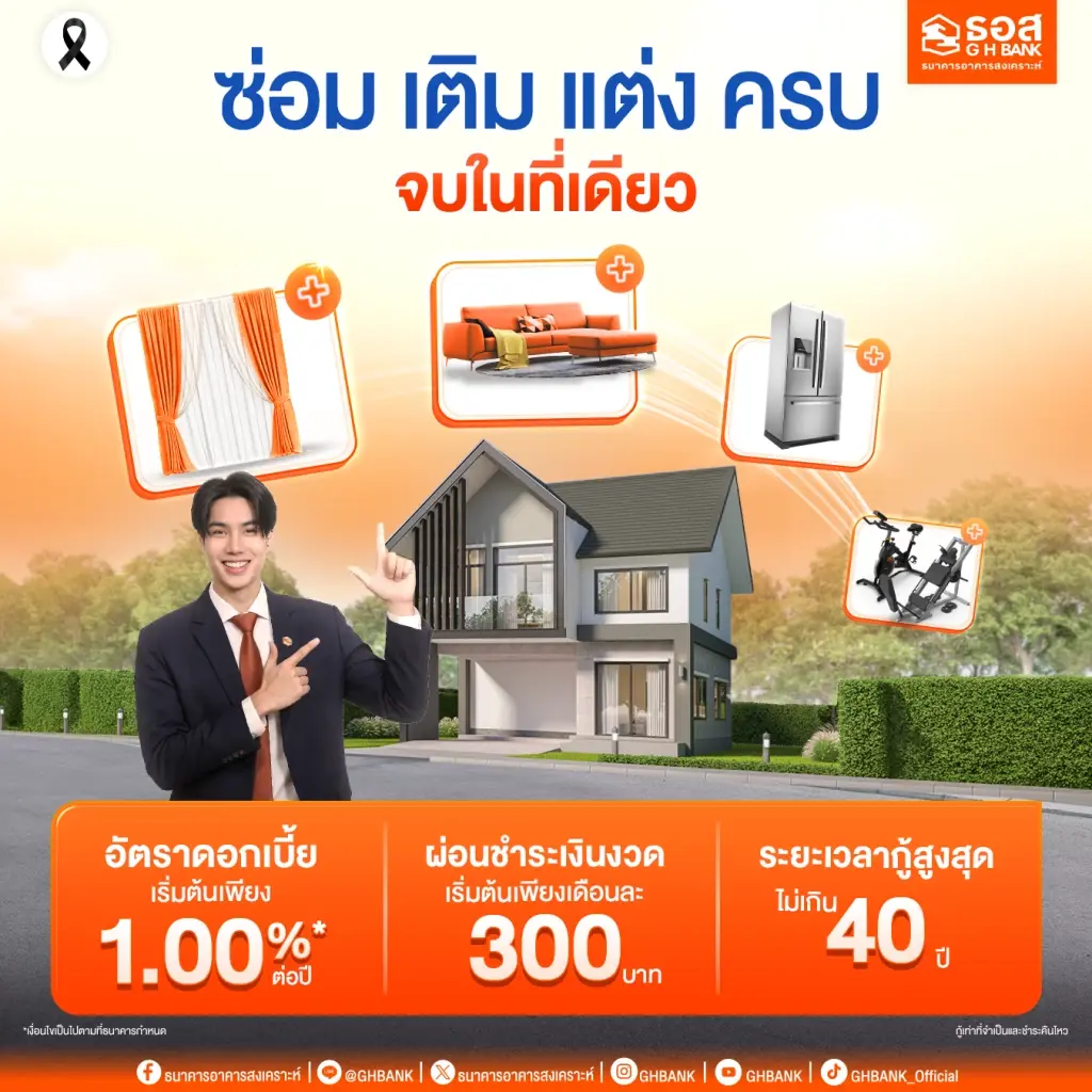 ธอส. ปล่อยกู้ต่อเติม ซ่อมแซม ซื้ออุปกรณ์ ดอกเบี้ยเริ่มต้น 1.00% ต่อปี