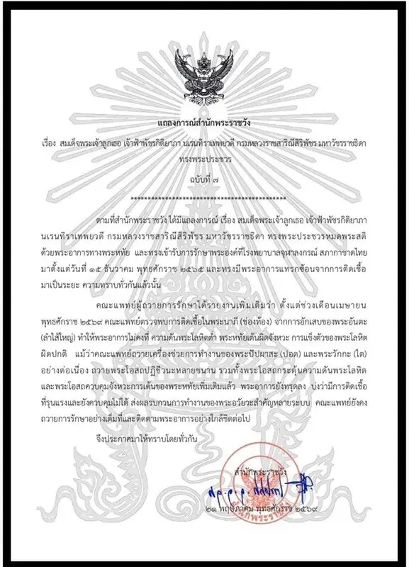 แถลงการณ์สำนักพระราชวัง เจ้าฟ้าพัชรกิติยาภา ทรงพระประชวร ฉบับที่ 7