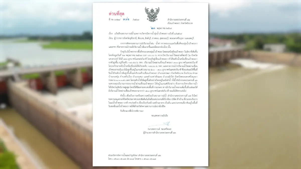 ด่วน!  "รับมือน้ำเหนือหลาก" เตือน 7 จังหวัด เขื่อนเจ้าพระยาปรับเพิ่มการระบายน้ำ ดีดสูง 1-1.5 เมตร