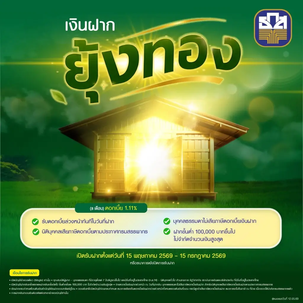 ธ.ก.ส. เปิดตัว 'เงินฝากยุ้งทอง' (8 เดือน) รับดอกเบี้ยล่วงหน้าทันที