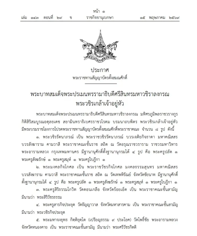 "พระบรมราชโองการ" พระราชทานสัญญาบัตร ตั้งสมณศักดิ์ "พระราชาคณะ" จำนวน 8 รูป