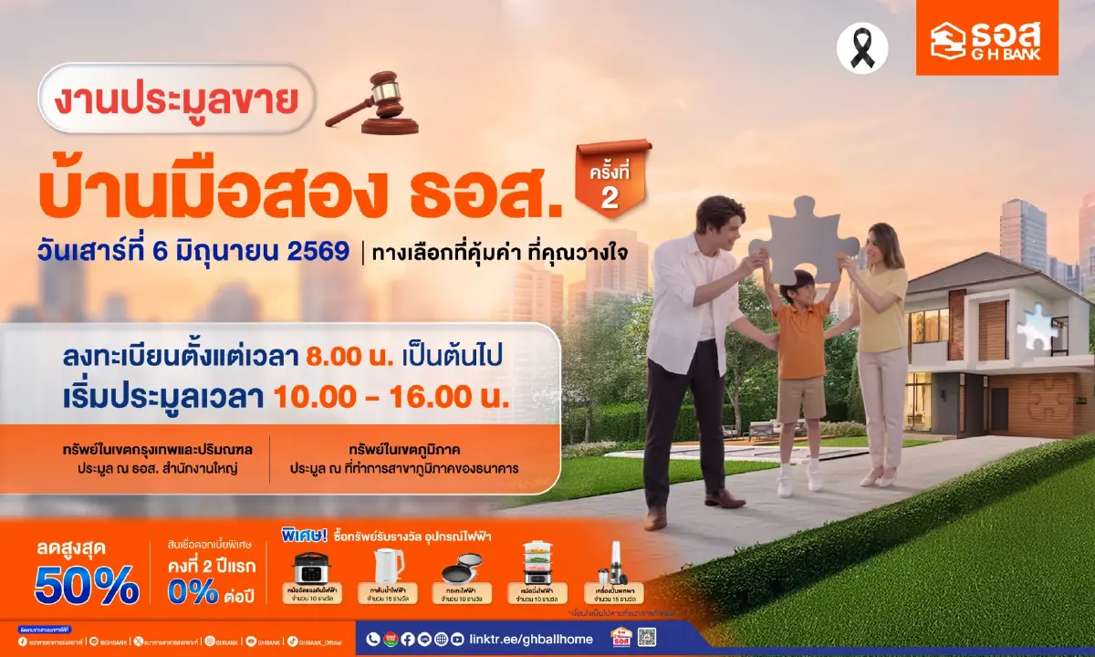 ธอส. ประมูลขายบ้านมือสอง ลดราคาสูงสุด 50% พร้อมโปรดอกเบี้ย 2 ปีแรก 0%