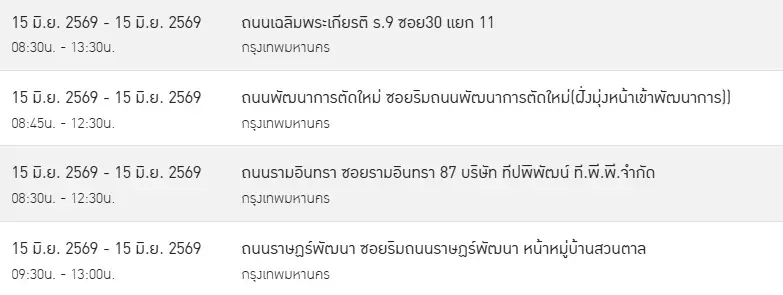 พื้นที่ไฟฟ้าดับ จันทร์ที่ 15 มิ.ย. 69 ช่วงครึ่งวันเช้า ในกรุงเทพฯ