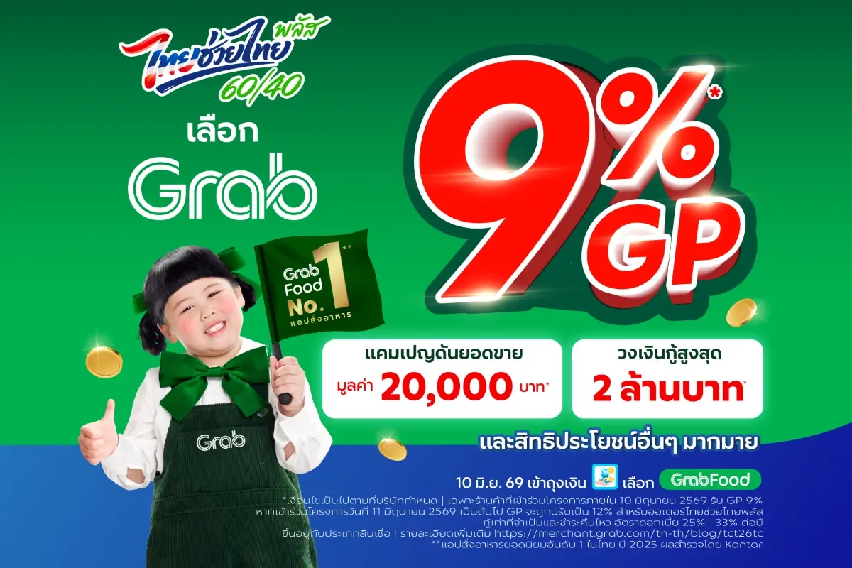 แกร็บหั่น GP เหลือ 9% ช่วยร้านอาหาร หนุน 'ไทยช่วยไทยพลัส 60/40'