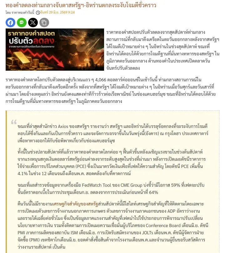 ผันผวนหนัก! ราคาทองวันนี้ 29 มิ.ย. 69 ล่าสุด ราคา "ทองรูปพรรณ" ขายออก 64,750 บาท