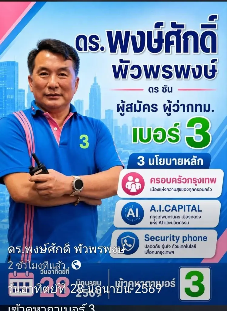 เลือกตั้งผู้ว่าฯกทม.2569 “ดร.ซัน” ชู Security Phone 1 แสนจุดทั่วกรุง
