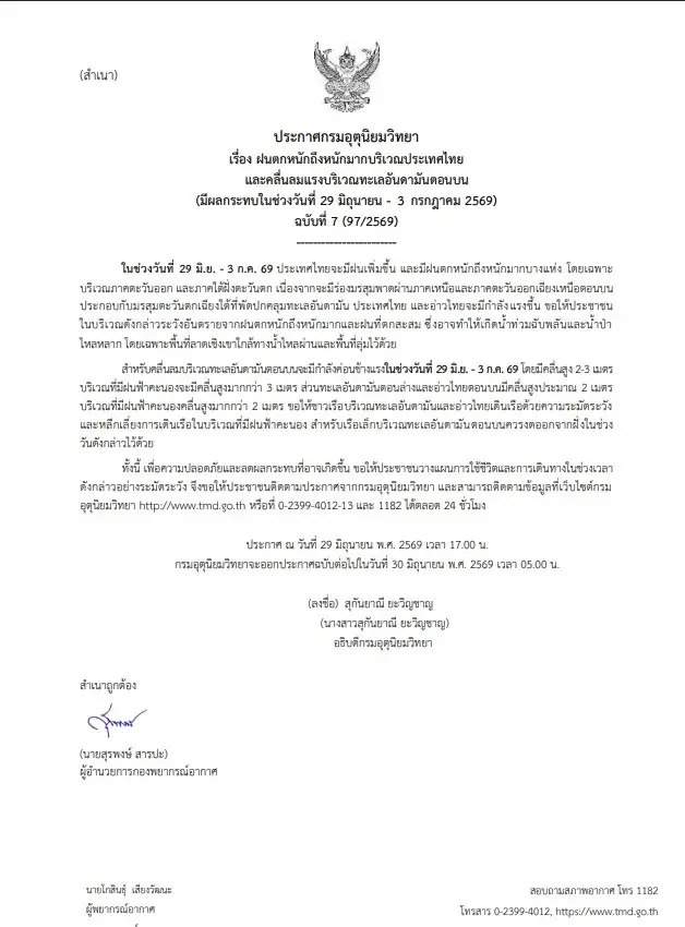 ประกาศฉบับที่ 7 อุตุฯ เตือนไทยรับมือฝนตกหนักถึงหนักมาก 29 มิ.ย. - 3 ก.ค. นี้