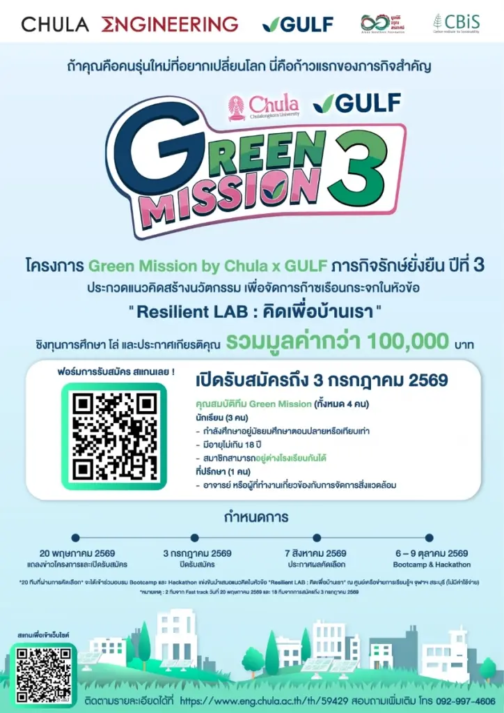 “เฟย ภัทร” แชร์มุมมองสายลุยรักษ์โลก ชวน ม.ปลาย Unlock พลังปั้นนวัตกรรมสู้โลกร้อน ในโครงการ “Green Mission by Chula x GULF ปี 3”