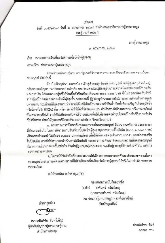 ข้อซักถามที่ นางสาวรสรินทร์ ยื่นไปยังรัฐมนตรีว่าการกระทรวงการพัฒนาสังคมและความมั่นคงของมนุษย์ (พม.)