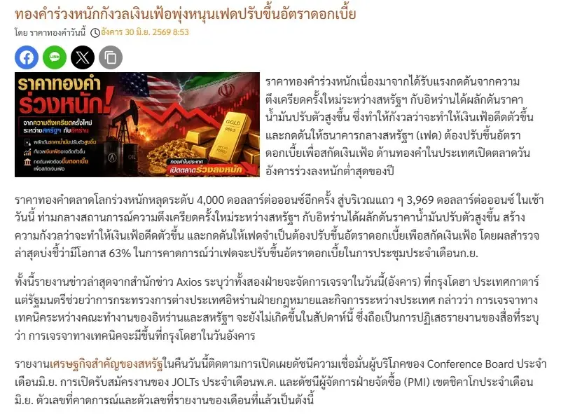 ราคาทองวันนี้ 30 มิ.ย. 69 ล่าสุด ราคา "ทองรูปพรรณ" ขายออก 64,050 บาท