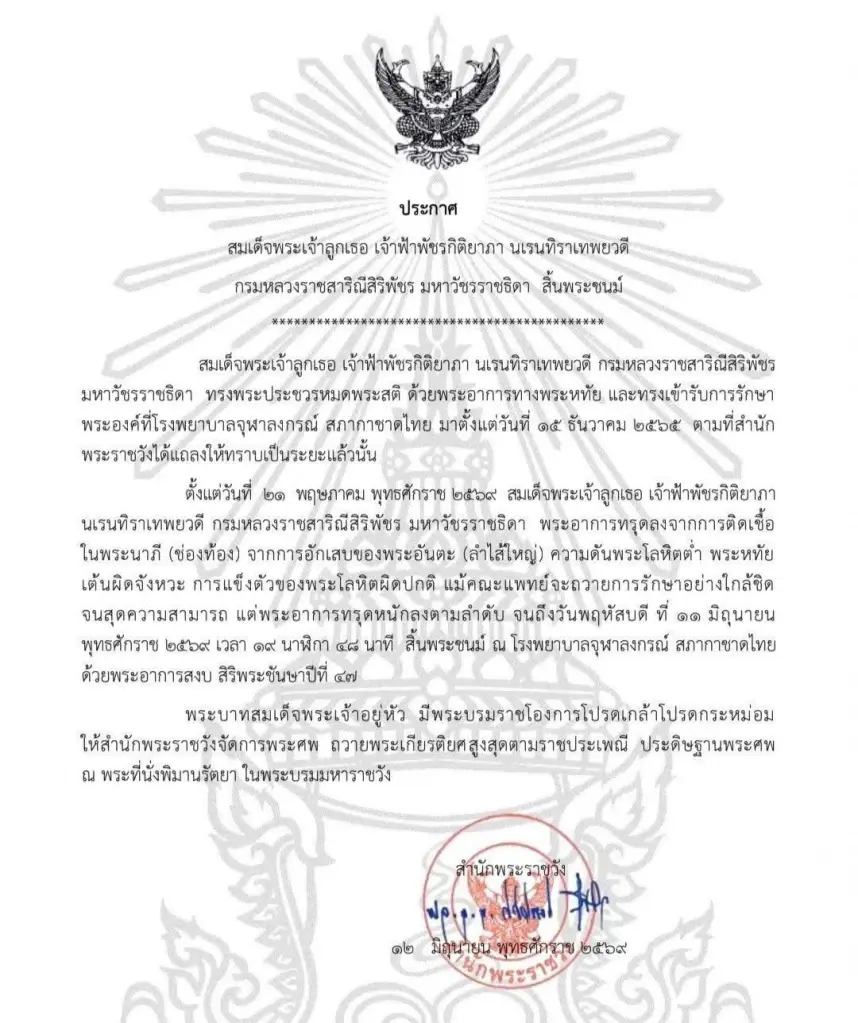 สำนักพระราชวัง ประกาศ “เจ้าฟ้าพัชรกิติยาภาฯ” สิ้นพระชนม์ ด้วยพระอาการสงบ