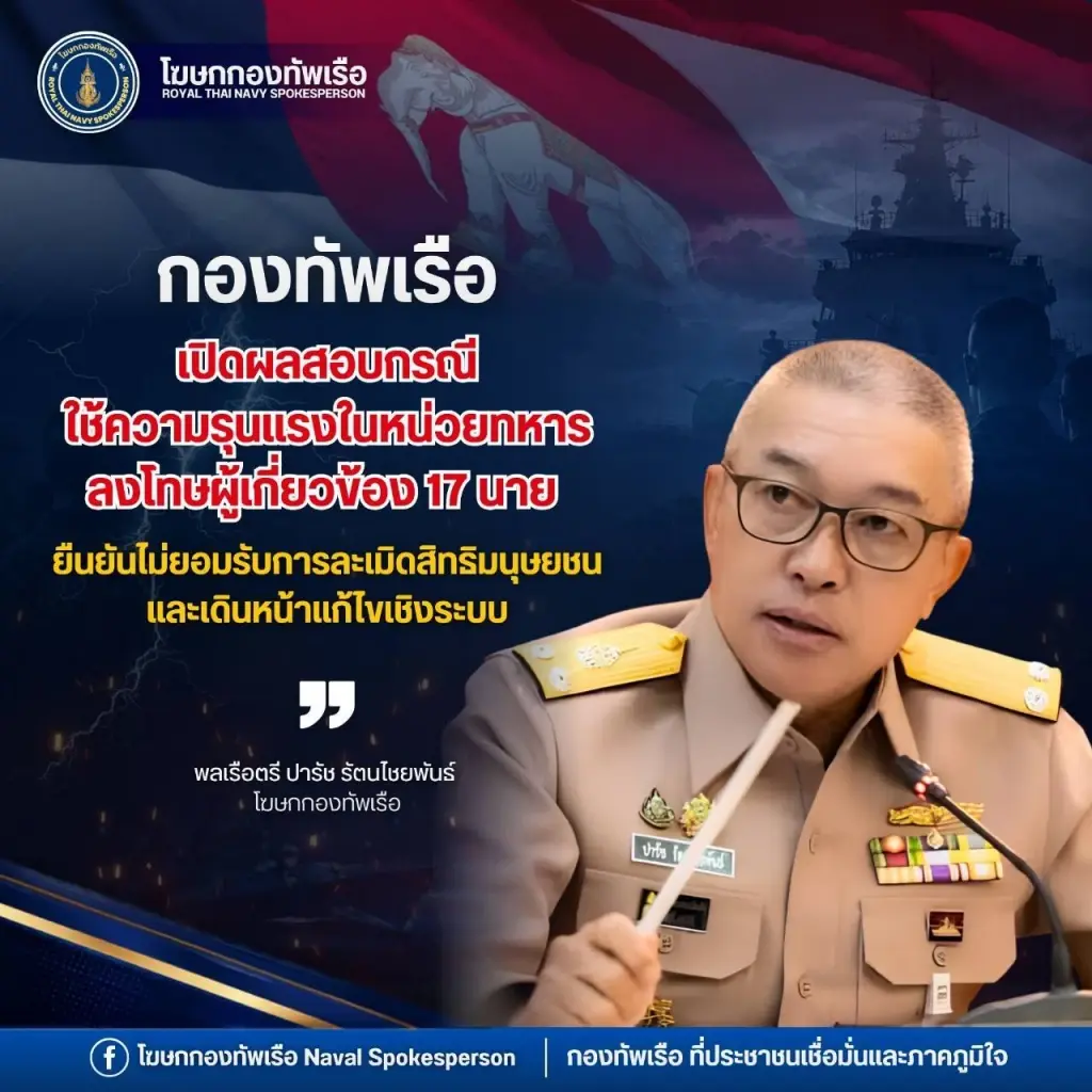 ความรุนแรงต้องเป็นศูนย์! "กองทัพเรือ" ลงโทษ "ขังยาว-งดบำเหน็จ"  ทหาร 17 นาย ปมใช้ความรุนแรงในหน่วยทหาร