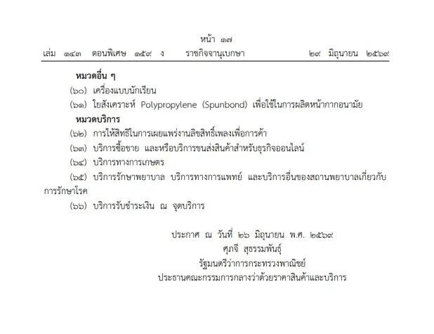 ศุภจี ลงนามคุม 66 สินค้า-บริการ เริ่มตั้งแต่ 1 ก.ค. 69 นี้